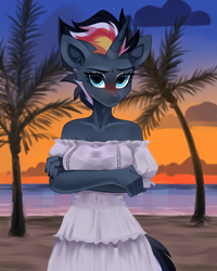 Size: 2000x2500 | Tagged: safe, alternate version, artist:zlatavector, oc, oc only, oc:glitter comet, unicorn, anthro, beach, blushing, clothes, dress, female, high res, horn, mare, solo