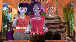 Size: 1920x1080 | Tagged: safe, artist:anthroponiessfm, oc, oc:atari, oc:maple cake, oc:raven storm, anthro, 3d, anniversary, anthro oc, cake, clothes, dress, female, food, happy, holding hands, jeans, looking at you, pants, source filmmaker, sweater, wholesome