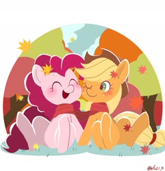 Size: 1971x2043 | Tagged: safe, artist:efuji_d, applejack, pinkie pie, earth pony, pony, g4, autumn, blushing, clothes, cute, diapinkes, eyes closed, female, grass, jackabetes, leaves, mare, one eye closed, open mouth, open smile, scarf, shared clothing, shared scarf, sitting, smiling, tree