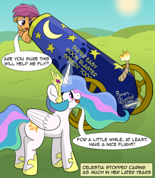 Size: 1854x2139 | Tagged: safe, artist:doodledonutart, princess celestia, scootaloo, alicorn, pegasus, pony, g4, butt, cannon, crown, cute, dialogue, duo, duo female, female, flying lesson, glowing, glowing horn, horn, impending doom, jewelry, magic, magic aura, mare, plot, pony cannonball, regalia, scootaloo can't fly, silly, speech bubble, tally marks, telekinesis, this will not end well, to the moon, trollestia, wings