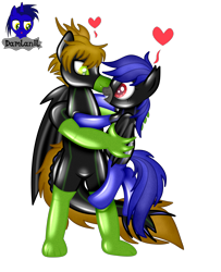 Size: 3377x4154 | Tagged: safe, artist:damlanil, oc, oc only, oc:guningames, oc:sweet melody, bat pony, dragon, pony, bat pony oc, catsuit, clothes, commission, dragon oc, duo, female, femboy, floating heart, gloves, happy, heart, high res, latex, latex suit, male, mare, rubber, shiny, shiny mane, show accurate, simple background, snuggling, stallion, suit, transparent background, vector, wings