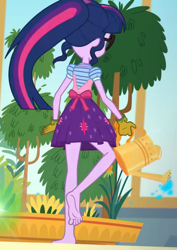 Size: 832x1176 | Tagged: safe, edit, edited screencap, editor:grapefruitface, screencap, sci-twi, twilight sparkle, equestria girls, g4, my little pony equestria girls: better together, my little shop of horrors, barefoot, feet, female, gardening, little shop of horrors, soles