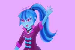 Size: 2304x1536 | Tagged: safe, artist:laurasrxfgcc, sonata dusk, equestria girls, g4, cute, female, open mouth, purple background, simple background, solo, sonatabetes, waving