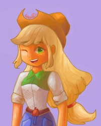 Size: 3220x3997 | Tagged: safe, artist:laurasrxfgcc, applejack, equestria girls, g4, beautiful, beautiful eyes, beautiful hair, belt, belt buckle, clothes, cowboy hat, cowgirl, cute, denim skirt, female, green eyes, hat, high res, jackabetes, looking at you, one eye closed, open mouth, open smile, simple background, skirt, smiling, stetson, wink, winking at you, woman, yellow hair
