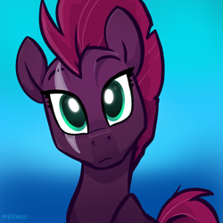 Size: 2048x2048 | Tagged: safe, artist:pfeffaroo, fizzlepop berrytwist, tempest shadow, pony, g4, bust, eye scar, female, front view, full face view, gradient background, head tilt, high res, looking at you, mare, missing horn, portrait, scar, solo