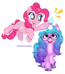 Size: 878x1000 | Tagged: safe, artist:jennieoo, izzy moonbow, pinkie pie, earth pony, pony, unicorn, g4, g5, my little pony: a new generation, cupcake, female, food, glasses, happy, horn, horn impalement, izzy and her heroine, magic, open mouth, raised hoof, show accurate, simple background, smiling, transparent background