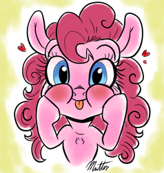 Size: 1322x1386 | Tagged: safe, artist:smirk, pinkie pie, earth pony, pony, g4, :p, blushing, bust, caricature, cute, daaaaaaaaaaaw, diapinkes, female, heart, mare, solo, tongue out, weapons-grade cute