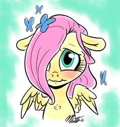 Size: 1322x1386 | Tagged: safe, artist:smirk, fluttershy, butterfly, pegasus, pony, :i, blushing, bust, caricature, cheeks, female, floppy ears, front view, full face view, hair over one eye, looking at you, smiling, solo, spread wings, wings, younger
