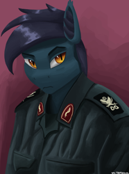 Size: 1000x1346 | Tagged: safe, artist:vezja, oc, bat pony, anthro, bust, clothes, ear fluff, emblem, iran, male, pocket, portrait, qasem soleimani, raised eyebrow, simple background, stallion, uniform