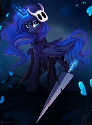 Size: 1616x2200 | Tagged: safe, artist:taneysha, princess luna, alicorn, pony, chest fluff, cloak, clothes, crossover, female, hollow knight, looking at you, magic, mare, solo, sword, telekinesis, torn clothes, weapon
