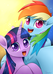 Size: 2480x3507 | Tagged: safe, artist:twidasher, rainbow dash, twilight sparkle, alicorn, pegasus, pony, g4, blushing, chest fluff, cute, dashabetes, duo, duo female, eye clipping through hair, eyebrows, eyebrows visible through hair, feather, female, heart, heart eyes, high res, horn, lesbian, looking at you, mare, open mouth, open smile, selfie, ship:twidash, shipping, signature, smiling, smiling at you, twiabetes, twilight sparkle (alicorn), wingding eyes