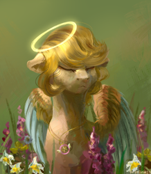 Size: 1024x1172 | Tagged: safe, artist:ottcat23, oc, oc only, pegasus, pony, bust, colored wings, daffodil, eyes closed, female, floppy ears, flower, halo, jewelry, necklace, solo, three quarter view, two toned wings, wings