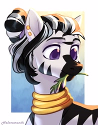 Size: 3008x3839 | Tagged: safe, artist:helemaranth, oc, oc only, pony, zebra, abstract background, ear piercing, earring, high res, jewelry, male, mouth hold, neck rings, piercing, quadrupedal, smiling, solo, stallion