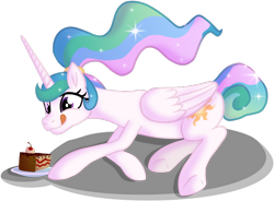 Size: 844x620 | Tagged: safe, artist:schattenspielrex, princess celestia, alicorn, pony, g4, alternate hairstyle, cake, cakelestia, cute, cutelestia, female, food, licking, licking lips, lying down, missing accessory, ponytail, prone, shiny mane, simple background, solo, tongue out, transparent background, underhoof