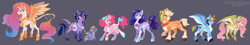 Size: 4308x782 | Tagged: safe, artist:dogstoof, applejack, fluttershy, pinkie pie, princess celestia, rainbow dash, rarity, spike, twilight sparkle, alicorn, bicorn, classical unicorn, dragon, earth pony, pegasus, pony, unicorn, alternate cutie mark, alternate design, armor, bag, bandana, bow, broken horn, chest fluff, cloven hooves, coat markings, colored eyelashes, colored hooves, colored wings, cowboy hat, curved horn, duo, earth pony rarity, facial hair, facial markings, female, flower, flower in hair, flower in tail, gem, glasses, goatee, hair bow, hair over one eye, hair wrap, hat, heart eyes, horn, horn jewelry, jewelry, kerchief, leash, leonine tail, line-up, male, mane seven, mane six, mare, multicolored hooves, multiple horns, open mouth, open smile, pale belly, pincushion, race swap, redesign, saddle bag, simple background, sitting, smiling, snip (coat marking), socks (coat markings), spread wings, standing, tail, tail bow, tail feathers, tail jewelry, three quarter view, two toned wings, unicorn pinkie pie, unicorn twilight, unshorn fetlocks, wing armor, wingding eyes, winged spike, wings
