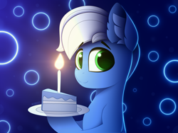 Size: 4000x3000 | Tagged: safe, artist:alexbefest, oc, oc only, oc:bluejam, earth pony, pony, blue, blue background, cake, candle, commission, cute, ear fluff, food, green eyes, happy birthday, high res, looking at you, male, neon, plate, simple background, solo, white mane