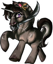 Size: 1771x2156 | Tagged: safe, artist:saby, derpibooru exclusive, oc, oc only, oc:plankwalker, oc:sevendre, pony, unicorn, the last summer, canter, charging, coat markings, colored horn, dun, ear piercing, earring, facial markings, flared nostrils, full body, galloping, glare, horn, jewelry, looking at you, male, mouth hold, piercing, roached mane, running, saber, scar, scarred, simple background, solo, stallion, stripe (coat marking), transparent background, underhoof, weapon