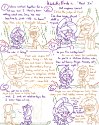 Size: 4779x6013 | Tagged: safe, artist:adorkabletwilightandfriends, starlight glimmer, oc, oc:gray, earth pony, pony, unicorn, comic:adorkable twilight and friends, g4, adorkable, adorkable friends, backstory, belt, bush, butt, character development, chocolate, clothes, cold, comic, conversation, cute, dork, drink, employee, female, flirting, food, friendship, grocery store, happy, hitting on, hot chocolate, jeans, male, mare, pants, plot, red nosed, relationship, relationship goals, shirt, sick, sitting, slice of life, smiling, smooth, smooth as butter, stallion, store, tree, work