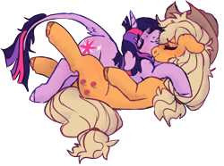 Size: 1354x1008 | Tagged: safe, artist:lullabyprince, applejack, twilight sparkle, earth pony, pony, unicorn, g4, cuddling, duo, female, leonine tail, lesbian, ship:twijack, shipping, simple background, tail, transparent background, unicorn twilight