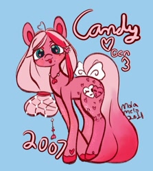 Size: 933x1045 | Tagged: safe, artist:molamelo, candy heart (g3), pony, blue background, candy heart, female, raspberry, simple background, smiling, solo, tongue out