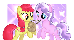Size: 1071x589 | Tagged: safe, artist:pastel-pocky, apple bloom, diamond tiara, earth pony, pony, g4, alternate cutie mark, bag, bipedal, duo, duo female, female, helping, mare, mouth hold, older, saddle bag
