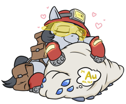 Size: 605x502 | Tagged: safe, artist:jargon scott, oc, oc only, insect, bag, boots, deep rock galactic, eyes closed, female, floating heart, goggles, heart, helmet, hug, loot bug, mare, miner, mining helmet, saddle bag, shoes, simple background, smiling, white background