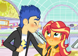 Size: 1280x926 | Tagged: safe, artist:hate-love12, flash sentry, sunset shimmer, equestria girls, g4, blushing, deviantart watermark, eyes closed, female, male, obtrusive watermark, ship:flashimmer, shipping, smiling, straight, watermark