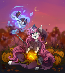 Size: 2989x3333 | Tagged: safe, artist:1an1, oc, oc only, pony, unicorn, anthro, unguligrade anthro, fangs, female, halloween, heterochromia, high res, holiday, jack-o-lantern, levitation, magic, magic wand, male, pumpkin, put me down, telekinesis