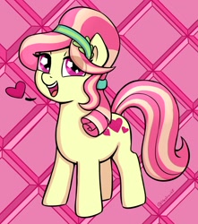 Size: 1428x1616 | Tagged: safe, artist:heretichesh, ruby love, scarlet heart, crystal pony, earth pony, pony, g4, abstract background, chubby, eye clipping through hair, female, heart, looking at you, mare, open mouth, open smile, plump, smiling, solo