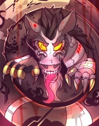 Size: 1500x1900 | Tagged: safe, artist:freak-side, discord, cyborg, draconequus, robot, g4, claws, cyberpunk, glowing, glowing eyes, metal, sharp nails, sharp teeth, solo, symbol, teeth, tongue out