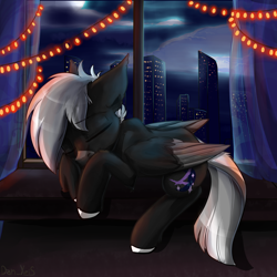 Size: 1594x1594 | Tagged: safe, artist:yuris, oc, oc only, oc:midnight serenity, pegasus, pony, city, cityscape, commission, curtains, eyes closed, garland, male, night, skyscrapers, sleeping, solo, storm, string lights, town, window, windowsill, ych result