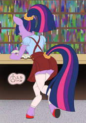 Size: 840x1200 | Tagged: safe, alternate version, artist:sepiakeys, twilight sparkle, anthro, unguligrade anthro, g4, alternate hairstyle, book, clothes, female, ponytail, puffy sleeves, skirt, solo, stockings, thigh highs
