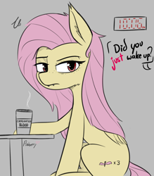 Size: 1426x1627 | Tagged: safe, artist:pinkberry, fluttershy, bat pony, pony, g4, altered cutie mark, bat ponified, clock, colored sketch, drinking blood, ear fluff, evening, fangs, female, flutterbat, folded wings, freckles, gray background, lidded eyes, looking at you, mare, race swap, raised eyebrow, red eyes, signature, simple background, sketch, sleepy, solo, talking, wings