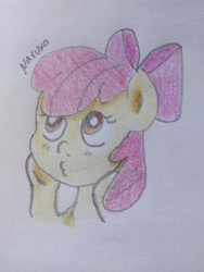 Size: 1536x2048 | Tagged: safe, artist:wrath-marionphauna, apple bloom, earth pony, pony, g4, female, filly, hoof on cheek, solo, traditional art