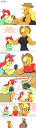 Size: 857x3072 | Tagged: safe, artist:matchstickman, apple bloom, applejack, big macintosh, earth pony, anthro, matchstickman's apple brawn series, tumblr:where the apple blossoms, g4, ..., abs, angry, apple bloom's bow, apple brawn, apple siblings, apple sisters, applejack's hat, applejacked, arm wrestling, biceps, bow, breasts, brother and sister, busty apple bloom, busty applejack, clothes, comic, cowboy hat, deltoids, dialogue, eyes closed, female, fingerless gloves, floppy ears, gloves, great macintosh, gritted teeth, hair bow, hand on head, hat, jealous, looking at each other, looking at someone, male, mare, midriff, muscles, muscular female, muscular male, pecs, shirt, siblings, simple background, sisters, speech bubble, stallion, sweat, sweatdrop, table, trio, tumblr comic, white background