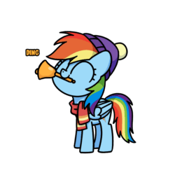 Size: 800x800 | Tagged: safe, artist:sugar morning, rainbow dash, pegasus, pony, best gift ever, ^^, animated, beanie, bell, chibi, clothes, cute, daaaaaaaaaaaw, dancing, dashabetes, english, eyes closed, feathered wings, featured image, female, folded wings, full body, gif, hat, hnnng, loop, mare, mouth hold, multicolored hair, multicolored mane, multicolored tail, onomatopoeia, outline, precious, purple hat, rainbow hair, rainbow tail, scarf, simple background, smiling, solo, sugar morning is trying to murder us, sweet dreams fuel, tail, text, transparent background, weapons-grade cute, white outline, wholesome, wings, winter, winter hat, ych example, your character here