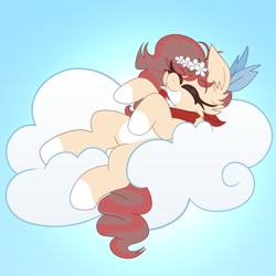 Size: 2000x2000 | Tagged: safe, artist:saveraedae, oc, oc only, oc:sangria sol, pegasus, pony, bandana, cloud, cute, female, flower, high res, lying down, lying on a cloud, mare, on a cloud, on back, pale belly, sleeping, solo