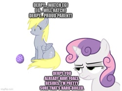 Size: 577x433 | Tagged: safe, derpy hooves, sweetie belle, pegasus, pony, temmie, unicorn, g4, egg, female, filly, simple background, undertale, video game reference