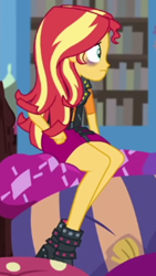Size: 300x532 | Tagged: safe, screencap, sunset shimmer, blizzard or bust, equestria girls, equestria girls series, g4, holidays unwrapped, spoiler:eqg series (season 2), bags under eyes, cropped, exhausted, female, legs, sci-twi's room, solo