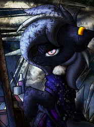 Size: 5000x6731 | Tagged: safe, artist:kranonetwork, edit, oc, oc only, oc:nocturne vision, bat pony, pony, amulet, crate, ear piercing, earring, forest, jewelry, piercing, sitting, solo, table, tent