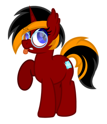 Size: 2044x2370 | Tagged: safe, artist:ponkus, oc, oc only, oc:red flame, bat pony, bat pony unicorn, hybrid, pony, unicorn, 2022 community collab, derpibooru community collaboration, blue eyes, cute, ear fluff, ear tufts, eye clipping through hair, fangs, female, glasses, high res, horn, mare, ocbetes, raised hoof, simple background, solo, standing, tail, tongue out, transparent background, two toned mane, two toned tail