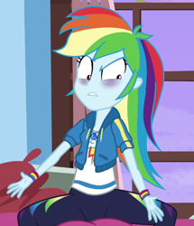 Size: 536x622 | Tagged: safe, screencap, rainbow dash, blizzard or bust, equestria girls, equestria girls specials, g4, my little pony equestria girls: better together, my little pony equestria girls: holidays unwrapped, bags under eyes, cropped, shrunken pupils, solo, spread legs, spreading