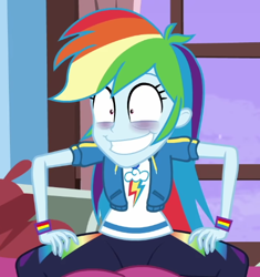 Size: 474x504 | Tagged: safe, screencap, rainbow dash, blizzard or bust, equestria girls, equestria girls specials, g4, my little pony equestria girls: better together, my little pony equestria girls: holidays unwrapped, cropped, rainbow dash is best facemaker, shrunken pupils, solo, spread legs, spreading, tired