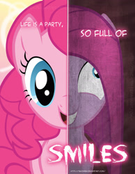 Size: 2158x2780 | Tagged: safe, artist:tehjadeh, pinkie pie, earth pony, pony, two sided posters, g4, 2011, dual persona, dual personality, female, high res, life is a party, mare, pinkamena diane pie, poster