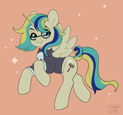 Size: 2811x2615 | Tagged: safe, artist:sugarstar, oc, oc:queen fresh care, alicorn, pony, alicorn oc, clothes, commissioner:bigonionbean, cute, cutie mark, female, flying, fusion, fusion:carrot top, fusion:derpy hooves, fusion:golden harvest, fusion:mayor mare, fusion:minuette, glasses, high res, horn, mare, royalty, simple background, spread wings, wings, writer:bigonionbean