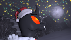 Size: 3840x2160 | Tagged: safe, artist:shifttgc, oc, oc only, oc:shift changeling, changeling, 3d, changeling horn, changeling oc, christmas, christmas changeling, eyebrows, fangs, hat, high res, holiday, horn, moon, red changeling, santa hat, solo, source filmmaker, stars