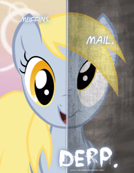 Size: 2158x2780 | Tagged: safe, artist:tehjadeh, derpy hooves, pegasus, pony, two sided posters, g4, :t, derp, female, food, high res, mail, muffin, nose wrinkle, open mouth, poster, scrunchy face, smiling, solo