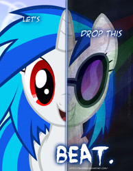 Size: 2158x2780 | Tagged: safe, artist:tehjadeh, dj pon-3, vinyl scratch, pony, unicorn, two sided posters, g4, female, grin, high res, mare, open mouth, poster, rave, red eyes, smiling, vinyl's glasses, wrong eye color