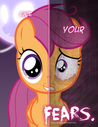 Size: 2158x2780 | Tagged: safe, artist:tehjadeh, scootaloo, pegasus, pony, two sided posters, g4, sleepless in ponyville, bags under eyes, bloodshot eyes, female, filly, grin, gritted teeth, high res, scared, smiling, solo