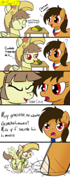 Size: 1000x2500 | Tagged: safe, artist:toyminator900, oc, oc:chilenia, oc:tailcoatl, earth pony, pegasus, pony, angry, chile, colored, comic, duo, earthquake, female, food, mare, mexico, nation ponies, ponified, spanish, translated in the comments